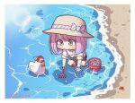  1girl border bow bucket clam crab dated fushicho gradient_hair green_eyes hat hat_bow heterochromia highres himemori_luna hololive lens_flare multicolored_hair pink_hair purple_eyes purple_hair rake shore solo squatting subaru_duck sun_hat virtual_youtuber wading white_border 