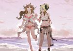  2girls :d ^_^ absurdres animal_ears arknights bangs bare_legs bare_shoulders bikini blonde_hair brown_hair closed_eyes eyjafjalla_(arknights) eyjafjalla_(summer_flowers)_(arknights) hand_up highres holding_hands horns ifrit_(arknights) ifrit_(sunburn)_(arknights) leg_garter long_hair multiple_girls navel off-shoulder_bikini off_shoulder open_mouth outdoors pink_bikini renxzd sarashi sheep_ears sheep_horns smile standing stomach swimsuit thighs white_bikini 