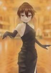  1girl alternate_costume alternate_hairstyle ballroom bangs black_dress black_gloves blurry blurry_background brown_eyes brown_hair commentary_request dress elbow_gloves flat_chest gloves hair_bun halter_dress halterneck highres indoors kantai_collection looking_at_viewer nito_(nshtntr) ryuujou_(kancolle) sleeveless sleeveless_dress smile solo 