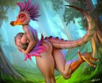  anthro aurelya beak bird_feet bird_wyvern breasts butt capcom claws feathered_arms female flying_wyvern grass head_feathers kulu-ya-ku looking_at_viewer looking_back monster_hunter nude outside plant rear_view solo tree video_games 