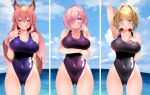  3girls absurdres ahoge animal_ear_fluff animal_ears bangs bare_shoulders blonde_hair blush breasts cleavage collarbone covered_navel fate/extra fate/grand_order fate_(series) fox_ears fox_girl fox_tail green_eyes hair_between_eyes hair_intakes hair_over_one_eye hair_ribbon highleg highleg_swimsuit highres large_breasts light_purple_hair long_hair looking_at_viewer mash_kyrielight multiple_girls nero_claudius_(fate) nero_claudius_(fate/extra) one-piece_swimsuit pink_hair purple_eyes purple_swimsuit red_ribbon ribbon sabi1234 short_hair sidelocks smile swimsuit tail tamamo_(fate) tamamo_no_mae_(fate/extra) thighs yellow_eyes 