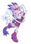  1girl artist_name blaze_the_cat boots cape christmas dancing dress evan_stanley gem gloves hairband highres leg_up looking_at_viewer pants ponytail purple_fur short_dress smile snowflakes solo sonic_(series) teeth 