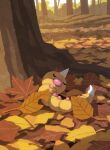  absurdres autumn_leaves bug caterpillar closed_eyes day forest highres hyogonosuke leaf lying nature no_humans outdoors pokemon pokemon_(creature) sleeping solo stinger tree weedle 