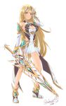  1girl absurdres aegis_sword_(xenoblade) bangs bare_legs bare_shoulders blonde_hair breasts chest_jewel cleavage cleavage_cutout clothing_cutout dress earrings elbow_gloves gloves highres holding holding_weapon jewelry large_breasts long_hair mythra_(xenoblade) short_dress sofusan1526 solo swept_bangs sword thigh_strap tiara very_long_hair weapon white_dress white_footwear white_gloves xenoblade_chronicles_(series) xenoblade_chronicles_2 yellow_eyes 