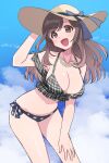  1girl bikini blue_ribbon blue_sky blush breasts brown_eyes brown_hair cleavage cloud floral_print flower flower_necklace hand_on_headwear hand_on_own_thigh hat highres idolmaster idolmaster_shiny_colors large_breasts long_hair ribbon saito_katuo side-tie_bikini sky smile solo swimsuit tsukioka_kogane 