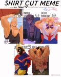  1boy abs all_might arm_behind_back armpits belt biceps blonde_hair blue_eyes blush bodysuit boku_no_hero_academia closed_eyes diadem fang fishnets highres large_pectorals leather leather_belt lifting looking_at_viewer male_focus manly mature_male meme muscular muscular_male nipple_piercing nipples open_mouth pants pectorals piercing ribbon scar scar_on_arm scar_on_stomach school_uniform shirt_cut_(meme) sleepy solo spiked_hair stormcallart tank_top teeth thick_arms tight toga torn_clothes twitter_username uniform 
