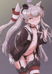  1girl amatsukaze_(kancolle) black_panties brown_dress brown_eyes commentary_request cowboy_shot dress flat_chest fuji_(pixiv24804665) garter_straps gloves gradient gradient_background grey_background grey_hair grey_neckerchief hair_tubes highres kantai_collection lifebuoy long_hair looking_at_viewer neckerchief open_clothes panties red_legwear sailor_dress short_dress single_glove smokestack_hair_ornament solo standing striped striped_legwear thighhighs two_side_up underwear white_gloves 