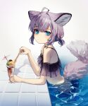  1girl absurdres ahoge animal_ear_fluff animal_ears arknights bangs bare_shoulders bikini black_bikini blue_eyes closed_mouth cocktail_umbrella commentary_request eyebrows_visible_through_hair food grey_background hair_between_eyes highres holding holding_spoon ice_cream looking_at_viewer looking_to_the_side purple_hair solo spoon sussurro_(arknights) sussurro_(summer_flowers)_(arknights) swimsuit tail yoon_cook 