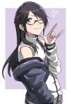  1girl \m/ arm_up black_hair blue_hair glasses heart idolmaster idolmaster_shiny_colors jacket jacket_partially_removed long_hair long_sleeves mitsumine_yuika ogasawara one_eye_closed shirt short_sleeves smile solo turtleneck unzipped white_jacket white_shirt 