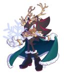  1boy artist_name black_fur boots bracelet cape christmas evan_stanley gloves highres horn_ornament horns jewelry leather leather_boots looking_to_the_side male_focus multicolored_fur pointy_nose red_eyes red_fur shadow_the_hedgehog snowflakes solo sonic_(series) topless_male white_fur 