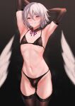  1boy armpits arms_behind_head arms_up bangs bikini black_background black_bikini blurry blurry_foreground blush bulge covered_nipples cowboy_shot crossdressing elbow_gloves eyebrows_visible_through_hair fate/grand_order fate_(series) gloves gradient gradient_background grey_background grey_hair hair_between_eyes highres looking_at_viewer male_focus medium_hair navel neck_ribbon otoko_no_ko parted_lips prince_of_lan_ling_(fate) purple_eyes ribbon sidelocks solo standing stomach sweat sweatdrop swimsuit teeth thighhighs thighs ulrich_(tagaragakuin) 