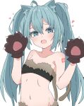  1girl :d ahoge animal_ears animal_hands bangs bare_shoulders black_gloves blue_eyes blue_hair blush cat_ears cat_girl cat_tail collarbone eyebrows_visible_through_hair fang fur_trim gloves hair_between_eyes hands_up hatsune_miku heart highres kemonomimi_mode long_hair looking_at_viewer maud0239 paw_gloves simple_background smile solo tail twintails very_long_hair vocaloid white_background 