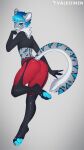  2019 9:16 anthro archon_eclipse biped black_body black_ears black_fur black_tail blue_body blue_claws blue_ears blue_eyebrows blue_eyes blue_fur blue_hair blue_nose blue_pawpads blue_tail blue_tongue butt claws clothing crop_top eyebrows felid feline fur gradient_hair grey_background grey_body grey_ears grey_fur grey_tail hair hi_res legwear looking_at_viewer looking_back male mammal multi_tone_ears multi_tone_fur multi_tone_tail open_mouth pawpads presenting presenting_hindquarters rear_view red_clothing shirt simple_background solo stockings toe_claws tongue topwear valkoinen watermark white_body white_fur white_inner_ear white_tail 