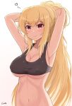  artist_name blonde_hair breasts cleavage eyebrows_visible_through_hair gamryous girls&#039;_frontline highres light_blush long_hair looking_at_viewer medium_breasts mod3_(girls&#039;_frontline) navel red_eyes russian_flag smile sports_bikini sports_bra sv-98_(girls&#039;_frontline) tying tying_hair 