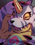  absurd_res ambiguous_gender animal_skin bandai_namco claws digimon digimon_(species) eyes_closed fur fur_markings gabumon happy hi_res horn kloudraws markings open_mouth reptile scalie shaded smile solo teeth yellow_body 