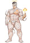  1boy abs alpha_transparency bandage_over_one_eye bandages bara black_hair burnt facial_hair frown half-closed_eyes halo large_pectorals male_focus manly mature_male mummy_costume muscular muscular_male naop_(anything) nipples official_alternate_costume official_art pectorals sad solo sparkle spiked_hair stubble thick_arms thick_thighs thighs third-party_source tight tokyo_afterschool_summoners transparent_background yellow_eyes zabaniyya_(halloween)_(housamo) zabaniyya_(housamo) 