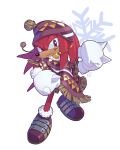  1boy artist_name boots capelet christmas evan_stanley fighting_stance frown gloves hat highres knuckles_the_echidna looking_to_the_side male_focus pointy_nose purple_eyes red_fur smirk snowflakes solo sonic_(series) 
