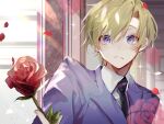  1boy :&lt; absurdres bangs black_necktie blazer blonde_hair blue_eyes blue_jacket commentary_request flower frown highres holding holding_flower indoors jacket lens_flare looking_at_viewer male_focus necktie ouran_high_school_host_club ouran_high_school_uniform petals red_flower red_rose rose school_uniform shirt short_hair solo sparkle suou_tamaki u-sama_(u_summer0719) upper_body white_shirt window 