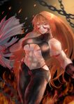  1girl abs absurdres biceps breasts chain cicada_(nnakqr5n6q9p2ht) cleavage cowboy_shot fire fuuma_kotarou_(tenkaichi) highres large_breasts long_hair looking_at_viewer muscular muscular_female navel parted_lips red_eyes red_hair sleeveless smile solo tenkaichi_nihon_saikyou_bugeisha_ketteisen underboob very_long_hair 