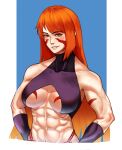  1girl abs biceps blue_background border breasts breasts_apart fuuma_kotarou_(tenkaichi) ham1sh hands_on_hips highres large_breasts long_hair looking_at_viewer muscular muscular_female navel parted_lips red_eyes red_hair smile solo tenkaichi_nihon_saikyou_bugeisha_ketteisen underboob white_border 