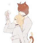  2boys aether_(genshin_impact) animal_ears bangs black_choker blonde_hair blue_eyes braid cat_boy cat_ears cat_tail choker earrings from_side genshin_impact hair_between_eyes height_difference highres jewelry long_hair long_sleeves male_focus multiple_boys orange_eyes orange_hair parted_lips profile shirt simple_background single_braid single_earring tail tartaglia_(genshin_impact) urooooboe white_background white_shirt yaoi 