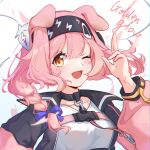  1girl ;d animal_ears arknights bangs black_hairband black_jacket blue_bow blush bow braid breasts brown_eyes cat_ears character_name clotho_(1326803453) commentary_request eyebrows_visible_through_hair goldenglow_(arknights) hair_between_eyes hair_bow hair_over_shoulder hairband hand_up highres jacket lightning_bolt_print long_hair long_sleeves looking_at_viewer one_eye_closed open_clothes open_jacket pink_hair print_hairband puffy_long_sleeves puffy_sleeves shirt single_braid small_breasts smile solo upper_body white_background white_shirt 