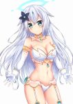  1girl absurdres aqua_eyes armpits breasts choujigen_game_neptune cleavage elbow_gloves flower gloves hair_flower hair_ornament highres large_breasts long_hair looking_at_viewer navel neptune_(series) noire_(neptune_series) ryakusun simple_background smile solo thighs very_long_hair white_background white_gloves white_hair 