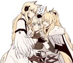  ! 3girls animal_ear_fluff animal_ears arknights armor aunt_and_niece black_bow black_headwear blemishine_(arknights) blue_eyes blush bow breastplate cape closed_eyes commentary_request from_side fur-trimmed_armor garrison_cap gauntlets hair_bow hand_on_another&#039;s_waist hat headset heart high_ponytail highres holding_hands horse_ears horse_girl hug implied_extra_ears kingdom_of_kazimierz_logo korean_commentary looking_at_viewer low_ponytail multiple_girls nearl_(arknights) nearl_the_radiant_knight_(arknights) ong_(fyza2772) open_mouth orange_eyes plate_armor ponytail simple_background smile speech_bubble sweatdrop whislash_(arknights) white_background white_cape 