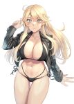  1girl bikini black_bikini black_jacket blonde_hair blue_eyes blush breasts cleavage closed_mouth collarbone cowboy_shot eyebrows_visible_through_hair hair_between_eyes highres iowa_(kancolle) jacket kantai_collection kokuzou large_breasts long_hair long_sleeves navel open_clothes open_jacket simple_background smile solo star-shaped_pupils star_(symbol) swimsuit symbol-shaped_pupils white_background 