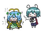  0_0 2girls ? antennae aqua_hair barefoot blue_shorts blush_stickers butterfly_wings chaleu closed_eyes closed_mouth collared_shirt controller dress eternity_larva fairy full_body green_dress green_hair holding holding_controller leaf leaf_on_head multicolored_clothes multicolored_dress multiple_girls open_mouth shirt short_hair short_sleeves shorts simple_background smile touhou white_background white_shirt wings wriggle_nightbug 