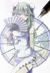 1girl bangs blue_flower blue_rose blush bun_cover china_dress chinese_clothes chinese_knot commentary covering_mouth double_bun dress floral_print flower folding_fan graphite_(medium) green_hair hair_tassel hand_fan highres holding holding_fan kusanagi_nene long_hair looking_at_viewer marker_(medium) mechanical_pencil oil-paper_umbrella pato_(ptro) pencil project_sekai purple_hair rose rose_print solo thigh_strap traditional_media umbrella very_long_hair white_dress 