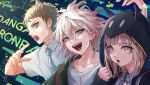  1girl 2boys :d :o absurdres animal_ears bangs bibi_(obb_spl) black_shirt blunt_bangs brown_hair collarbone collared_shirt copyright_name danganronpa_(series) danganronpa_2:_goodbye_despair dress_shirt fake_animal_ears galaga green_jacket grey_hair hair_ornament hand_up highres hinata_hajime hood hood_up jacket komaeda_nagito lower_teeth messy_hair multiple_boys nanami_chiaki neck_ribbon necktie open_clothes open_jacket pink_eyes pink_ribbon ribbon shiny shiny_hair shirt smile teeth upper_teeth white_shirt 