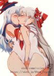  2girls alternate_costume ass bangs blue_hair blue_headwear blush bon_(rump) bow closed_eyes commission cowboy_shot eyebrows_visible_through_hair from_side fujiwara_no_mokou grey_hair groin hair_bow highres holding_person kamishirasawa_keine kiss long_hair multicolored_hair multiple_girls one-piece_swimsuit simple_background skeb_commission sleeveless standing sweat swimsuit touhou two-tone_hair very_long_hair white_background white_hair white_swimsuit yuri 