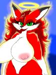  2022 amber_(flamberry) anthro big_breasts breasts canid canine digital_drawing_(artwork) digital_media_(artwork) female flamberry_(artist) fox fur genitals glistening glistening_body glistening_fur green_eyes hair halo hi_res huge_breasts hyper hyper_breasts looking_at_viewer mammal mature_female nipples nude pussy red_body red_fox red_fur simple_background smile solo 