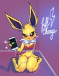  2022 absurd_res anthro black_sclera blush bottomless bra breast_squish breasts cellphone clothed clothing eeveelution female fur hi_res jolteon looking_at_viewer naughty_face nintendo phone pinup pok&eacute;mon pok&eacute;mon_(species) pok&eacute;morph pose solo squish suggestive tangeluscious underwear video_games yellow_body yellow_fur 