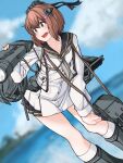  1girl anchor_symbol binoculars black_legwear black_sailor_collar blurry blurry_background brown_eyes brown_hair cherry_blossoms dobuvochan dress dutch_angle feet_out_of_frame flower grey_neckerchief hair_flower hair_ornament headgear kantai_collection kneehighs machinery neckerchief open_mouth round_teeth sailor_collar sailor_dress short_hair smile solo speaking_tube_headset teeth upper_teeth yukikaze_(kancolle) yukikaze_kai_ni_(kancolle) 