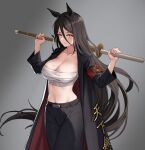  1girl animal_ears armband bandages belt black_coat black_hair black_pants blush breasts chest_sarashi chinese_text cleavage closed_mouth clothes_writing coat collarbone copyright_request cowboy_shot gradient gradient_background grey_background hair_between_eyes holding holding_weapon horse_ears large_breasts long_hair long_sleeves looking_at_viewer midriff open_clothes open_coat pants sarashi sbbs solo sword translated unrivaled v-shaped_eyebrows very_long_hair weapon wooden_sword yellow_eyes 