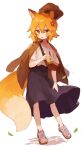  1girl animal_ear_fluff animal_ears bag bangs black_skirt blush brown_coat brown_headwear bubble_tea coat commentary_request eyebrows_visible_through_hair fox_ears fox_girl fox_tail full_body hair_between_eyes hair_ornament hat highres holding leaf looking_to_the_side orange_hair rimukoro senko_(sewayaki_kitsune_no_senko-san) sewayaki_kitsune_no_senko-san shirt shoes sidelocks simple_background skirt sneakers solo standing tail white_background white_shirt yellow_eyes 