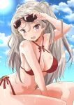  1girl :d arm_up between_legs bikini blue_sky breasts brown_eyes cleavage conte_di_cavour_(kancolle) criss-cross_halter eyewear_on_head fuji_(pixiv24804665) grey_hair hair_between_eyes halterneck hand_between_legs hand_on_eyewear highres kantai_collection large_breasts long_hair looking_at_viewer navel red_bikini shiny shiny_skin sketch sky smile solo sparkle sunglasses swimsuit wet 