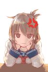  1girl absurdres anchor_symbol anger_vein blue_sailor_collar brown_eyes brown_hair chicken99 commentary_request folded_ponytail hands_on_own_face highres inazuma_(kancolle) kantai_collection long_hair neckerchief one-hour_drawing_challenge red_neckerchief sailor_collar school_uniform serafuku simple_background solo white_background 