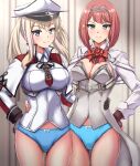  2girls absurdres ark_royal_(kancolle) bangs black_gloves blonde_hair blue_eyes blue_panties blunt_bangs bob_cut breasts brown_gloves celtic_knot cleavage_cutout clothing_cutout corset cross fingerless_gloves flower gloves graf_zeppelin_(kancolle) hair_between_eyes hat highres inverted_bob iron_cross jacket kantai_collection large_breasts long_sleeves medium_breasts military military_uniform multiple_girls panties peaked_cap purple_eyes red_flower red_hair red_ribbon red_rose ribbon rose short_hair sidelocks tiara twintails underwear uniform white_corset white_jacket zanntetu 