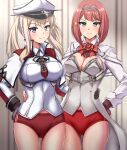  2girls absurdres ark_royal_(kancolle) bangs black_gloves blonde_hair blue_eyes blunt_bangs bob_cut breasts brown_gloves celtic_knot cleavage_cutout clothing_cutout corset cross fingerless_gloves flower gloves graf_zeppelin_(kancolle) hair_between_eyes hat highres inverted_bob iron_cross jacket kantai_collection large_breasts long_sleeves medium_breasts military military_uniform multiple_girls peaked_cap purple_eyes red_bloomers red_flower red_hair red_ribbon red_rose ribbon rose short_hair sidelocks tiara twintails uniform white_corset white_jacket zanntetu 