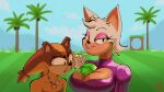  2022 anthro badger breasts chaos_emerald chiropteran duo female green_eyes hi_res jewelry looking_at_breasts looking_at_viewer mammal mustelid musteline necklace object_between_breasts outside rouge_the_bat sega sonic_boom sonic_the_hedgehog_(series) sticks_the_jungle_badger thingshappen 