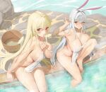  2girls animal_ears arm_up armpits bangs barefoot blonde_hair blush breast_press breasts bucket cleavage closed_mouth collarbone commission completely_nude covering cross cross_earrings day earrings eyebrows_visible_through_hair groin hand_on_own_chest highres jewelry knee_to_chest knee_up large_breasts long_hair looking_at_viewer mole mole_under_eye multiple_girls nude nude_cover onsen original outdoors parted_lips pointy_ears rabbit_ears red_eyes sitting smile soaking_feet steam urrrt very_long_hair wet white_hair wooden_bucket 