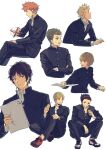  6+boys afterimage bangs black_hair black_jacket black_pants blonde_hair bob_cut brown_hair collared_shirt cropped_legs cropped_torso crossed_arms dress_shirt drink drinking_straw eye_contact flower gakuran giving grey_hair hair_slicked_back hairband highres holding holding_drink holding_paper holding_pen invisible_chair izumi_kouhei jacket juice_box karasuma_kyousuke knee_up kuro_n314 long_sleeves looking_at_another looking_at_viewer looking_away looking_down looking_to_the_side looking_up male_focus mizukami_satoshi_(world_trigger) multiple_boys murakami_kou orange_hair outstretched_arm pants paper pen profile red_flower school_uniform shirt shoes short_hair sideways_glance simple_background sitting smile sneakers spiked_hair spinning squatting tokieda_mitsuru tonooka_kazuto undershirt white_background white_footwear white_shirt world_trigger yoneya_yousuke 