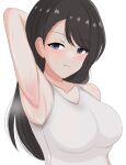  1girl arm_up armpits arms_behind_head black_hair highres original ryzeon sleeveless smell stained_clothes steam sweat sweatdrop tank_top 