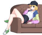  1girl baseball_cap black_legwear black_shorts blonde_hair blue_eyes blush couch crossed_legs full_body green_footwear hat highres jacket korean_commentary long_hair long_sleeves looking_at_viewer paripi_koumei shoes shorts simple_background sneakers solo solux tsukimi_eiko white_background 