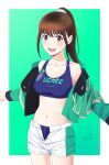  1girl animification breasts brown_eyes brown_hair capelet collarbone green_capelet green_jacket hayami_sena highres jacket looking_at_viewer mashin_sentai_kiramager navel nori_(norimakigumo) open_mouth shorts smile solo super_sentai unzipped white_shorts 