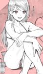  1boy 1girl bangs bare_shoulders bikini bikini_aside breasts censored clothing_aside collarbone commentary_request earrings greyscale_with_colored_background hair_behind_ear halterneck highres hugging_own_legs jewelry long_hair medium_breasts mosaic_censoring open_mouth original panties panties_aside pussy side-tie_bikini sketch solo_focus sweat swept_bangs swimsuit thighs translation_request tsukimoto_kizuki underwear wardrobe_malfunction 