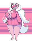  2022 alternate_color anthro big_breasts black_eyes black_nose black_sclera blush bottomless breast_squish breasts button_(fastener) chinchilla chinchillid cinccino cleavage cleavage_cutout cleavage_overflow clothed clothing dewy-eyedboy digital_media_(artwork) ear_piercing eyelashes female full_cleavage fur glistening glistening_breasts hat headgear headwear hi_res huge_breasts inner_ear_fluff inner_side_boob mammal nintendo pattern_background piercing pink_background pink_body pink_fur pok&eacute;mon pok&eacute;mon_(species) pupils ribbed_clothing ribbed_sweater rodent simple_background smile solo squish standing striped_background sweater thick_thighs topwear tuft video_games white_background white_body white_fur white_pupils wide_hips 